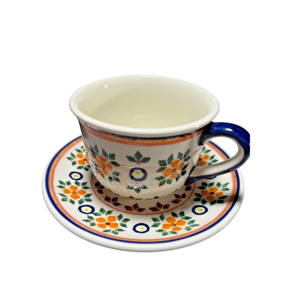 Vintage Polish Pottery Quilt Holiday Pattern  Tea Cup & Saucer Signed & Stamped